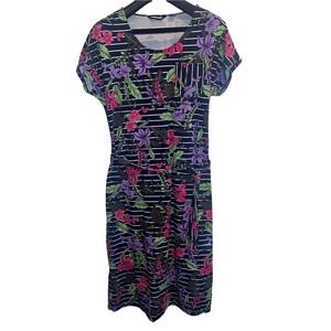 Lands End Dress Cap Short Sleeve Midi Blue Floral Stripe Belted Size M 10-12